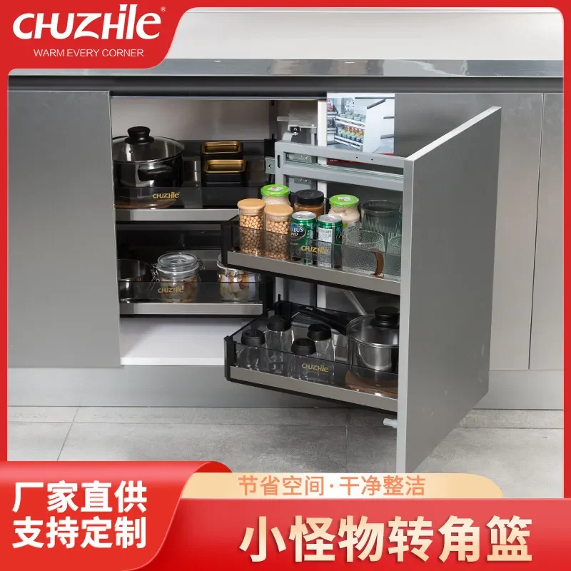 For Kitchen Corner Cabinet Aluminum Glass Storage Basket Non-slip Mat Dish Rack Small Monster Linkage Organizer Space Saving