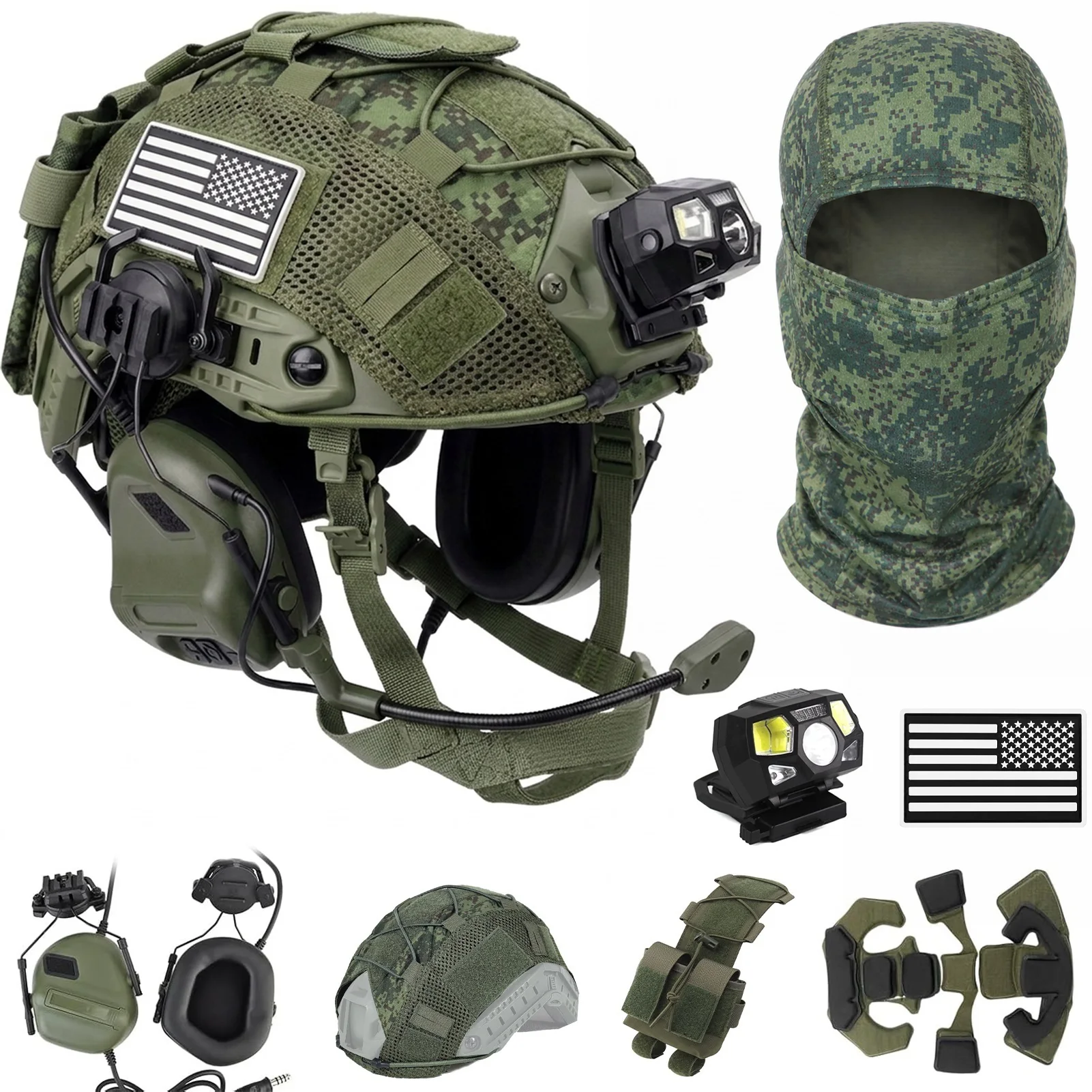 Upgraded 4-in-1 Tactical Helmet Adjustable Suspension Dial System with Headset Cover Balaclava Mask for Airsoft Paintball