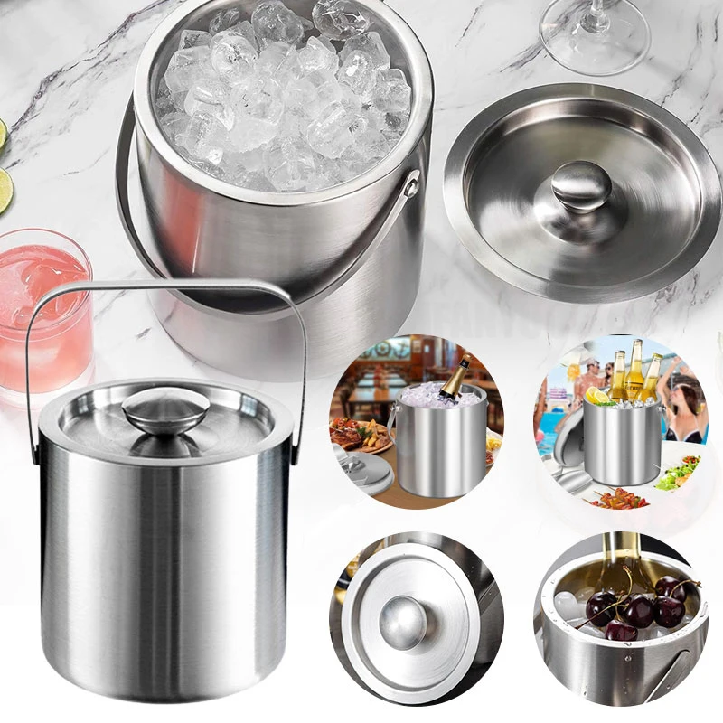 Doppelwandiger, isolierter Eiskübel aus Edelstahl, Eiskübel, Eiswürfelbehälter, ideal für Zuhause, Bar, Kühlung von Bier, Champagner, Wein