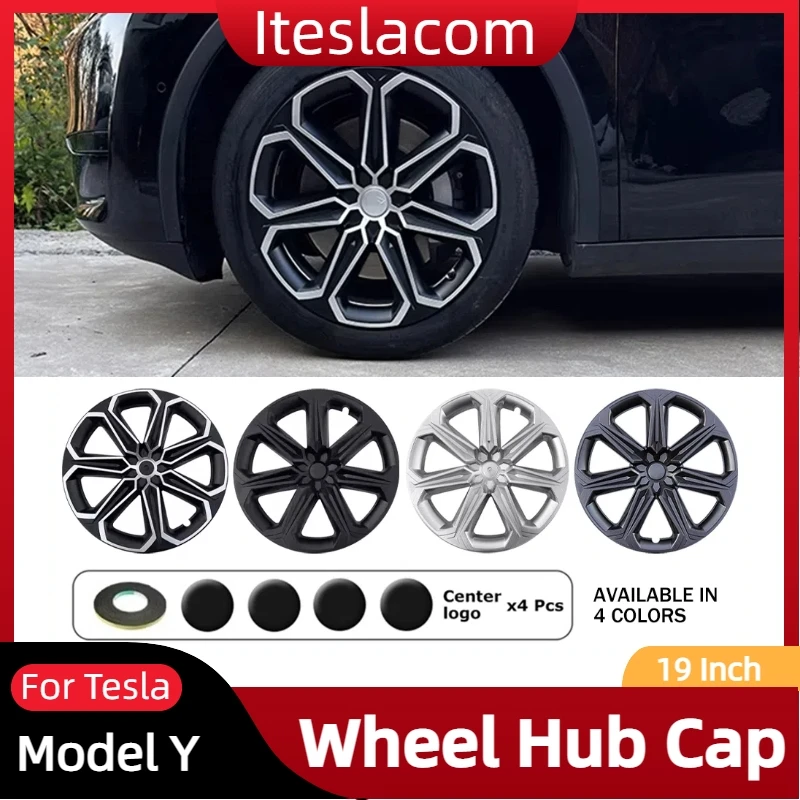 4PCS 19-Inch Car Hubcaps For Tesla Model Y 2021-2024 Plum Blossom Shape Full Rim Wheel Cap Cover Auto Exterior Accessories