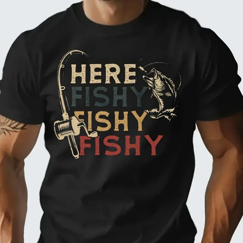 Here Fishy Fishy Fishy Bass Fishing Print T-shirt Unisex Fisherman Outdoor Oversized Cotton Casual Short Sleeve Tops