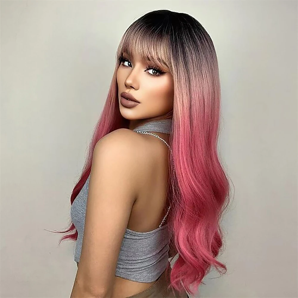 HAIRJOY Synthetic Hair  Wigs  Long Ombre Pink Red Wavy Wigs for Women Black Pink Curly Wigs with Bangs Dark Roots Cosplay Wig image 4