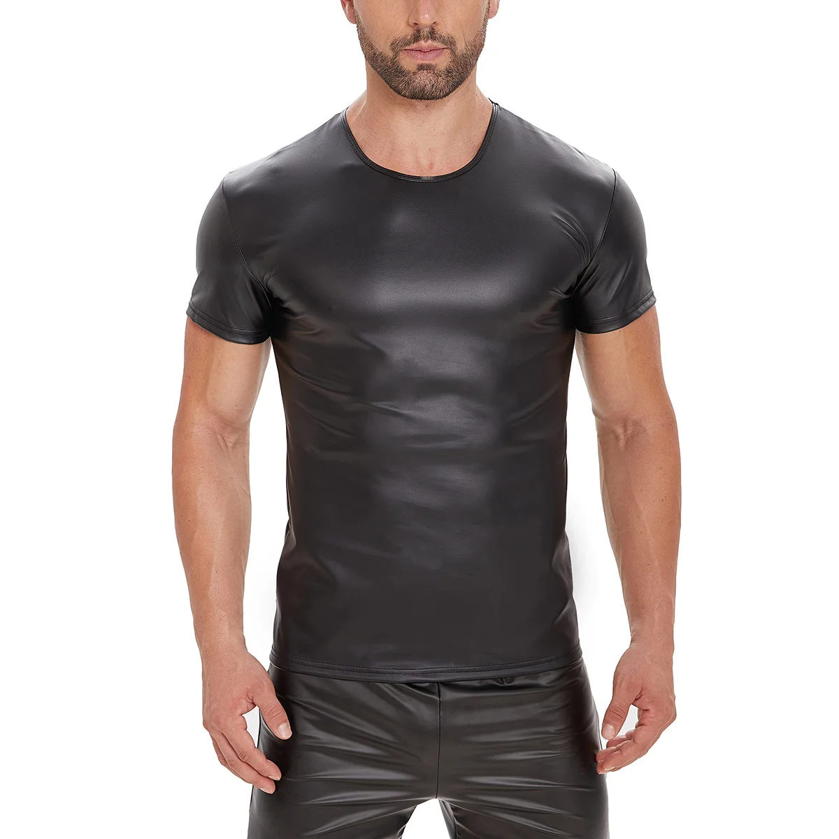 

Mens Casual Short Sleeve Round Neck Slim T-shirts Faux Leather Tops Sexy Gym Fitness Undershirts Stage Performance Clubwear Tees