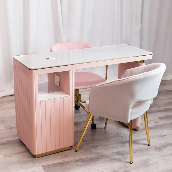 Modern Double Wood Manicure Table with Dust Collector, Professional Nail Desk with Socket and Storage, Beauty Salon Equipment