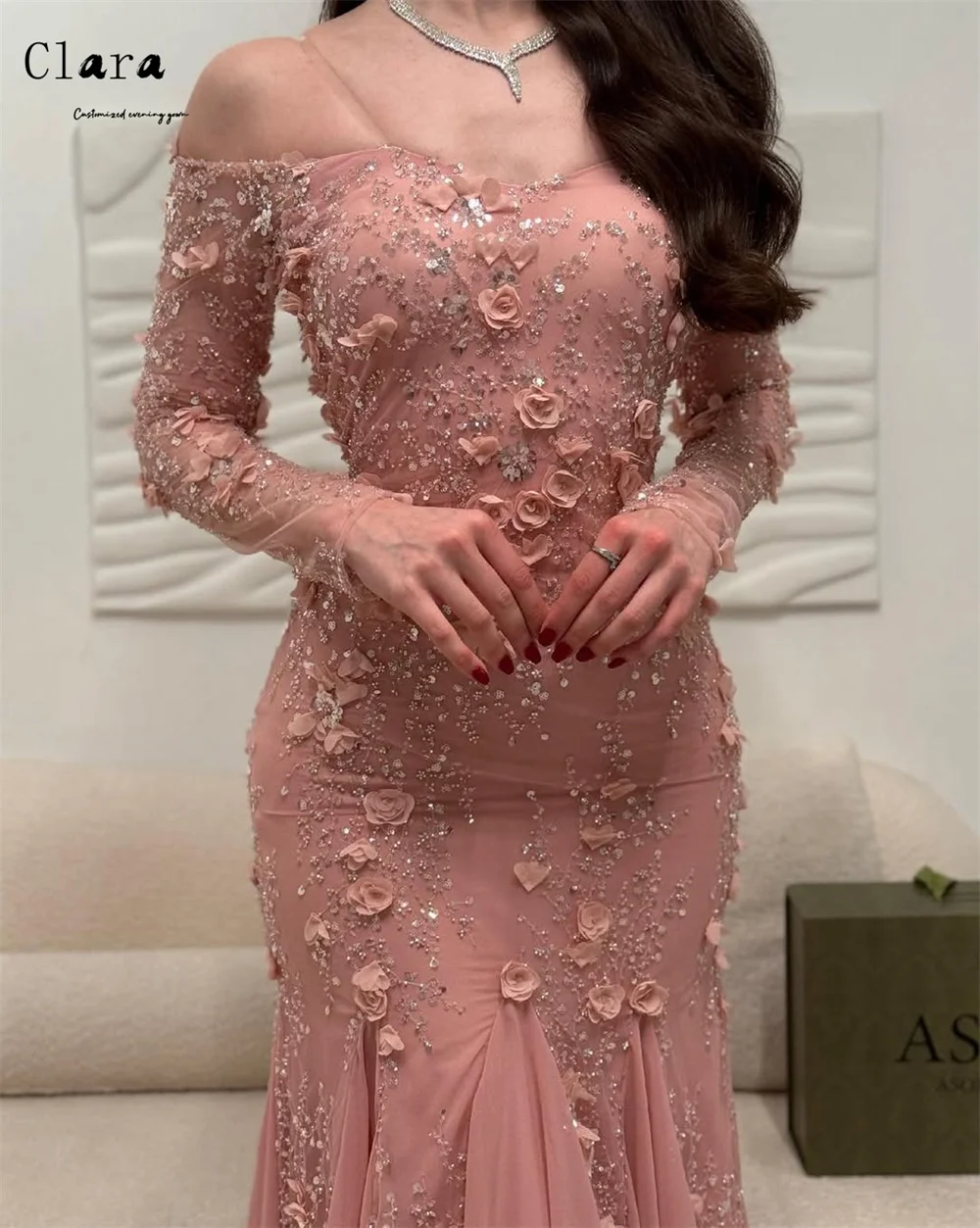 Clara Abiti eleganti da donna con maniche lunghe in pizzo floreale personalizzato con spalle scoperte Abiti da festa lunghi Abiti da cerimonia e da sera da donna