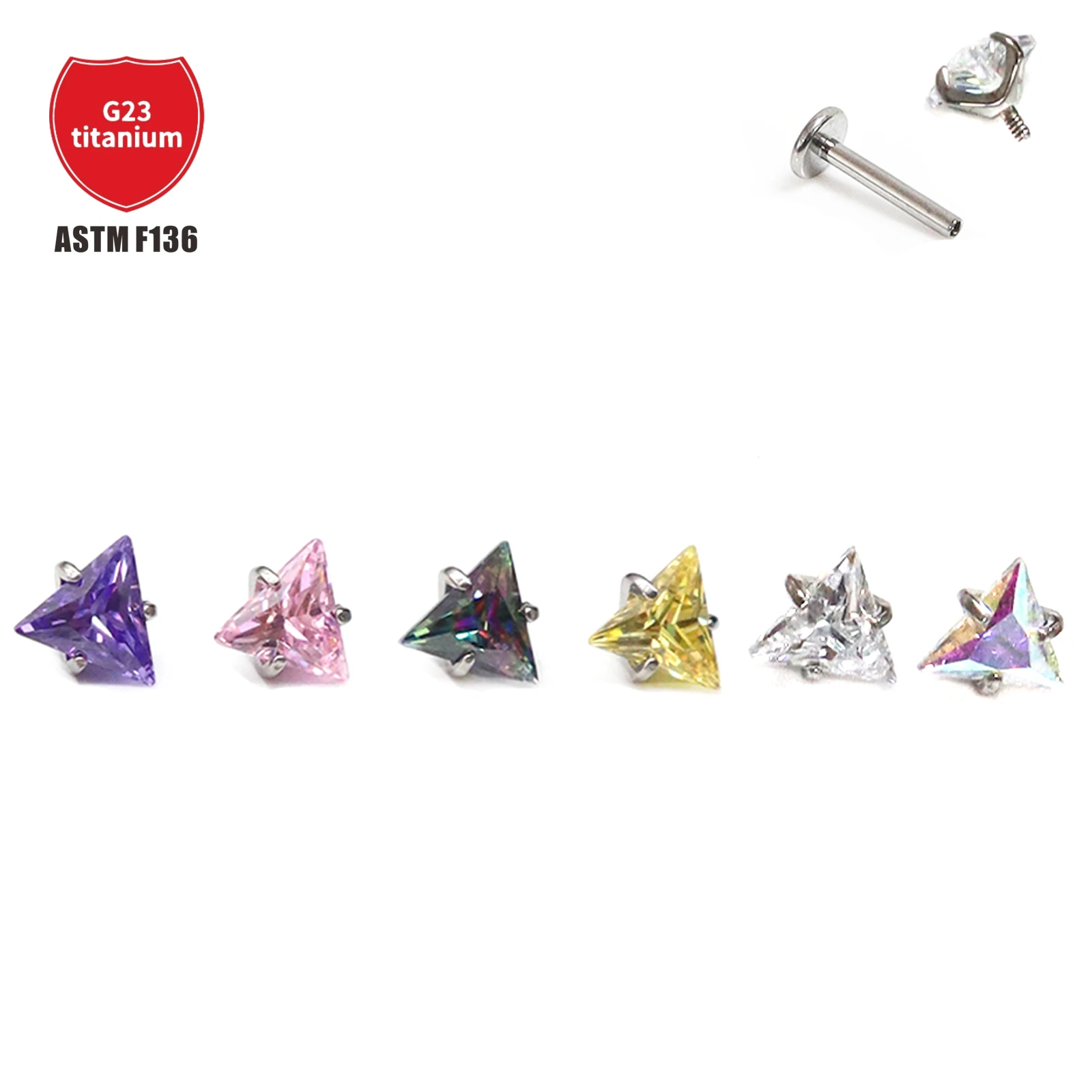 F136 Titanium Alloy Triangular Claw Zirconium Thread Inlaid With 5a Zircon Lip Nail, Ear Bone Nail, Human Puncture Accessory