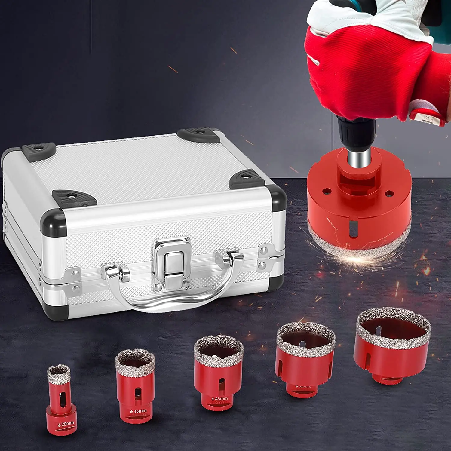 5pcs Professional Diamond Drilling Core Bit Hole Saw Set M14 20-72mm For Ceramic Granite Stone Tiles with Aluminium Case