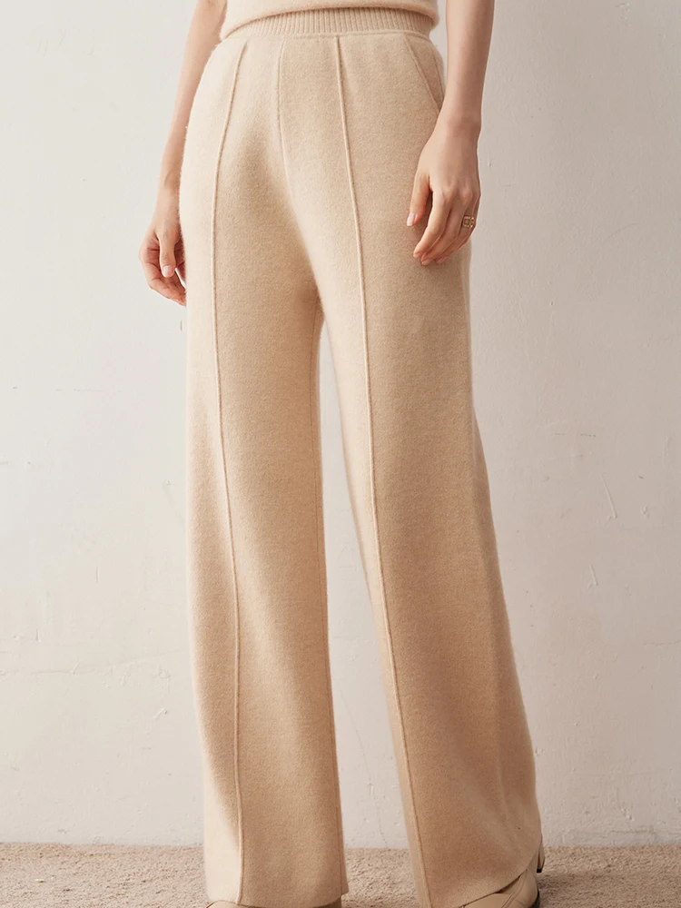 Hohe Taille, elastische Taille, Damen-Hose mit weitem Bein, Herbst-Winter, bequeme Strickhose aus 100 % Kaschmir, Grace-Freizeithose
