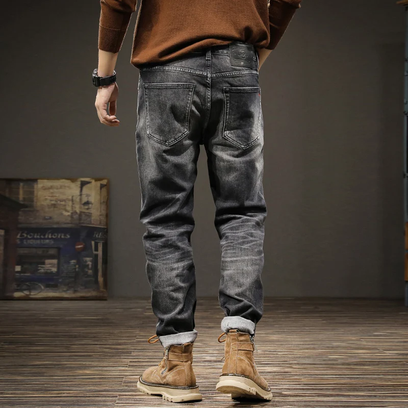 Streetwear Fashion Men Jeans Retro Black Gray Stretch Slim Fit Ripped Jeans Men High Quality Vintage Designer Denim Pants Hombre