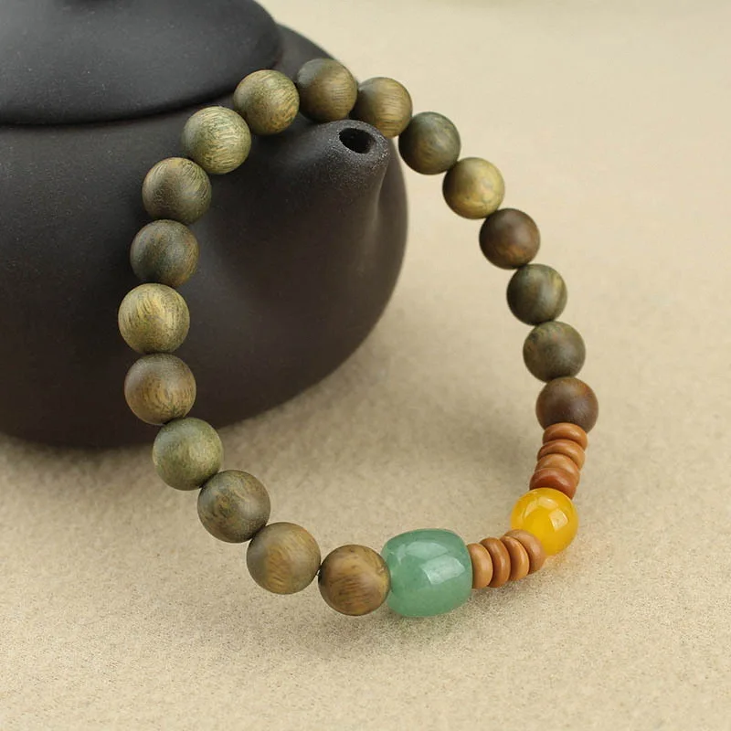 Natural Green Sandalwood Bracelet Playable Wooden Prayer Beads Unisex Jade Lucky Bead Ethnic Style Couple Jewelry
