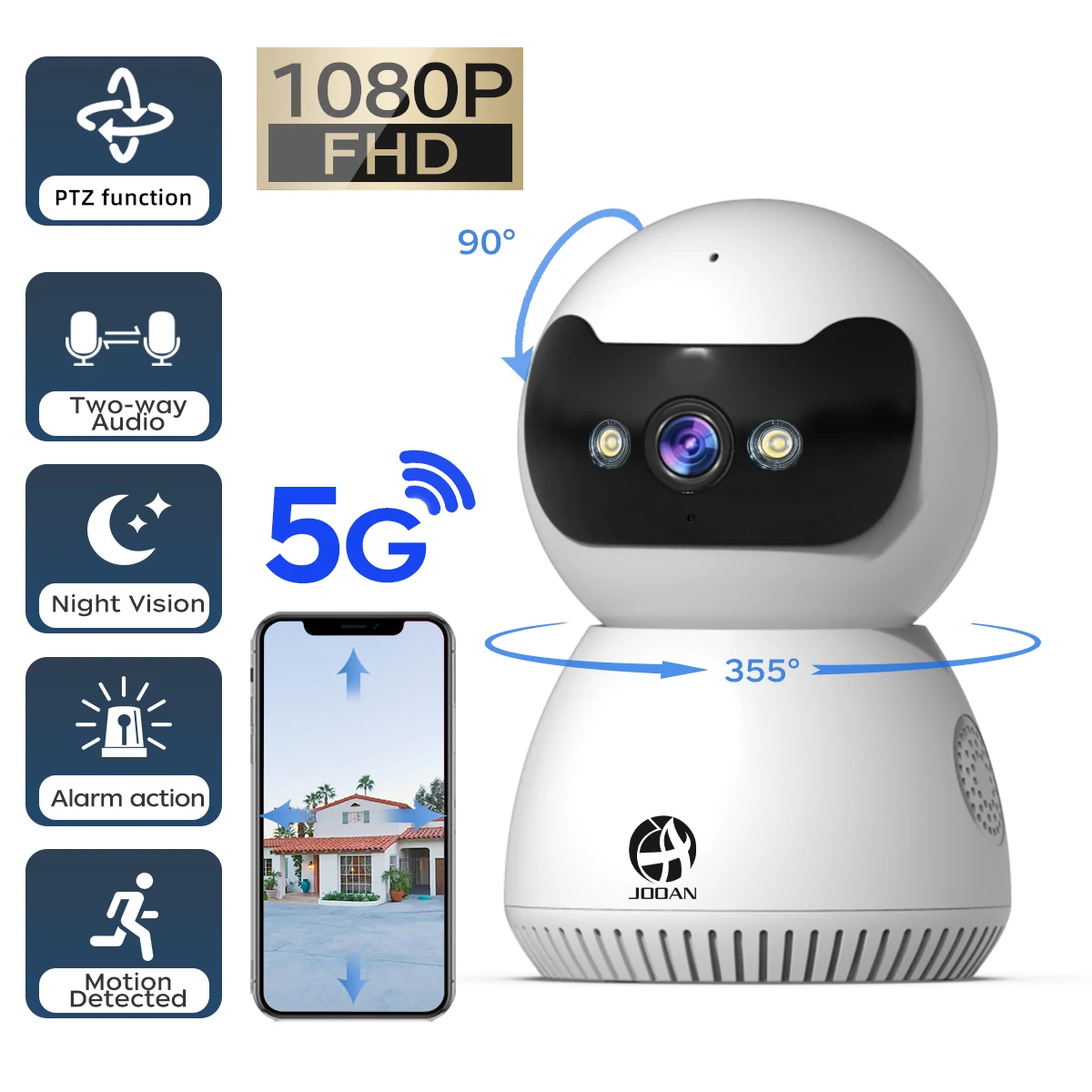 

Умная домашняя камера безопасности JOOAN 1080P с Wi-Fi 5G, ИИ-отслеживанием, беспроводная IP-камера с двусторонней аудиосвязью, ночным видением и функцией радионяни