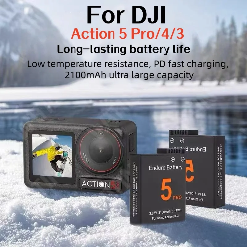 

New 3.87V 2100mAh for DJI Action5 Pro/4/3 Camera Battery Fast Charger Three Charging Battery Storage Camera Original Battery