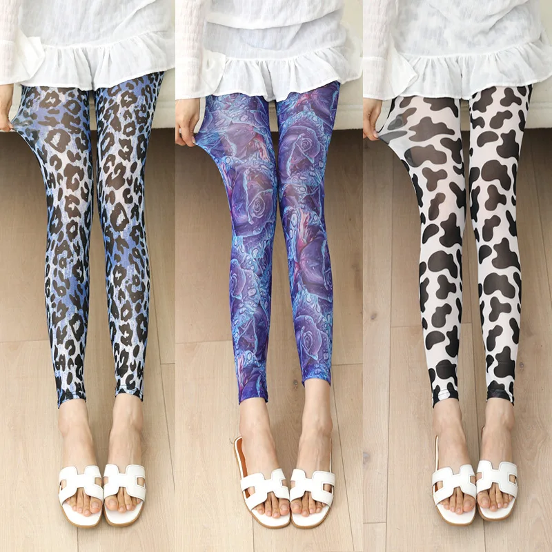 

Leopard Print Mesh Leggings, Women's Ice Silk Mesh Flower Cartoon Skinny High Elasticity Legings Trousers