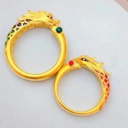 Ancient AU999 gold enamel dragon and phoenix couple ring 24K pure gold ring female high value design fashion zodiac dragon ring