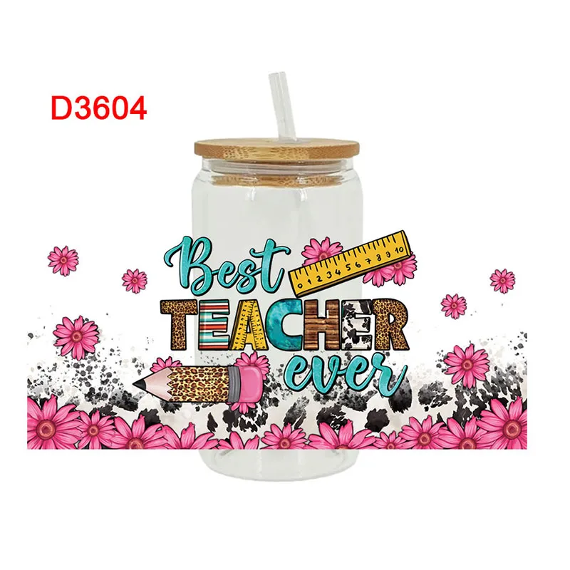 ملصقات نقل DTF ثلاثية الأبعاد للأشعة فوق البنفسجية سعة 16 أونصة يلتف المعلم العودة إلى المدرسة مطبوعة من الجلد المعدني والزجاج وما إلى ذلك. D3604