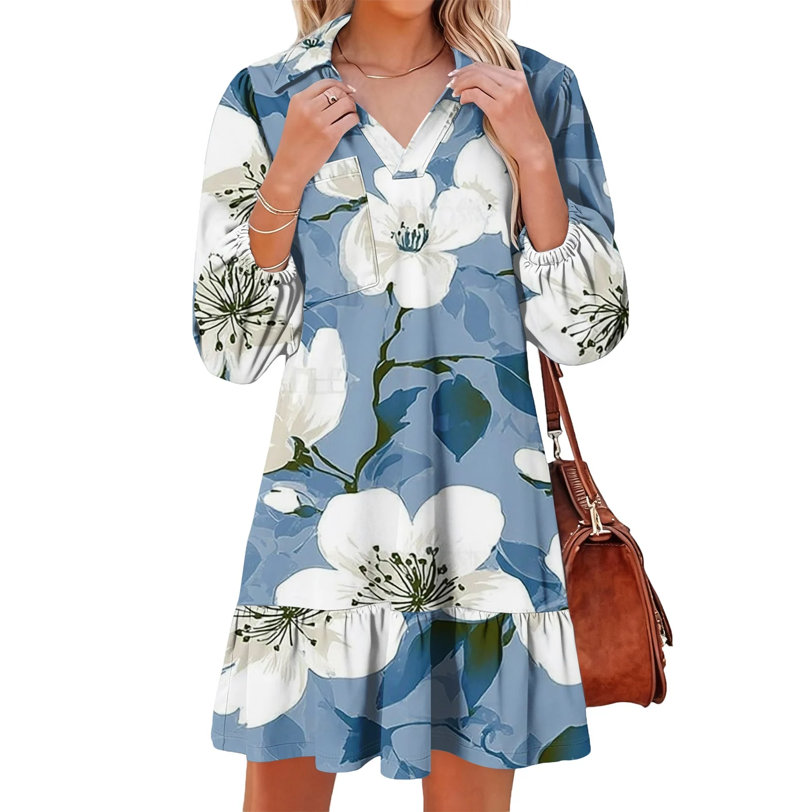 

Платье с v-образным вырезом и цветочным принтом, модное темпераментное платье с длинными рукавами, весенне-осеннее женское платье