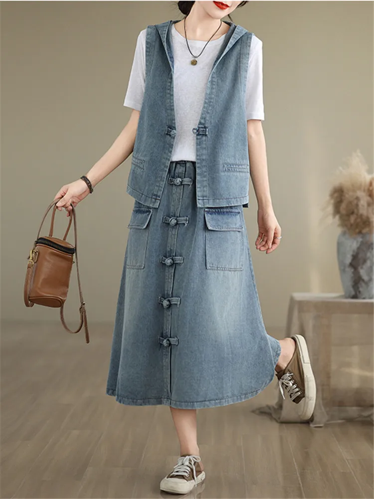 Retro Chinese Style Denim Vest Skirt Outfits 2024 Summer Loose Oversized Women's Clothing Jeans Skirt Suit Two Piece Set Female