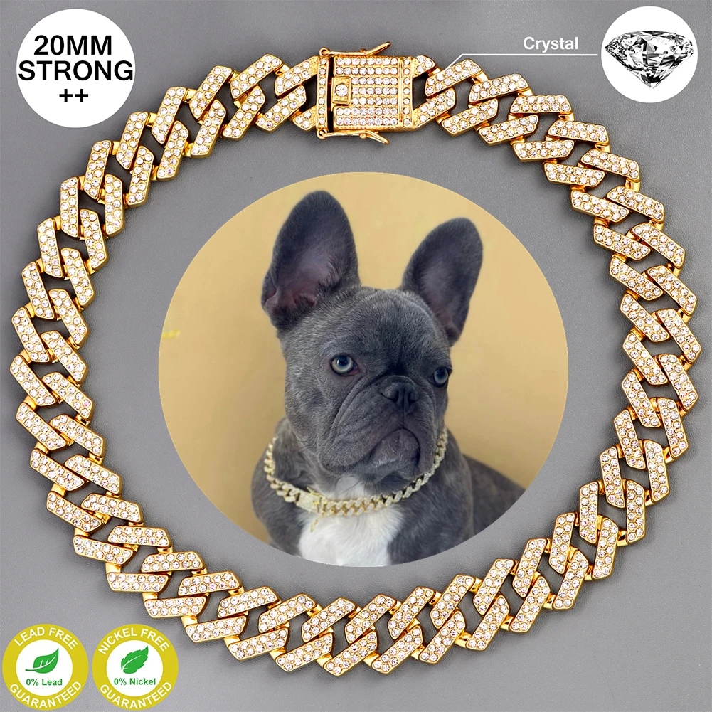 20MM wide Dog Chain Collar Luxury Diamond Cuban Chain With Secure Buckle Pet Items Metal Chunky Necklace Jewelry Gift Wholesale