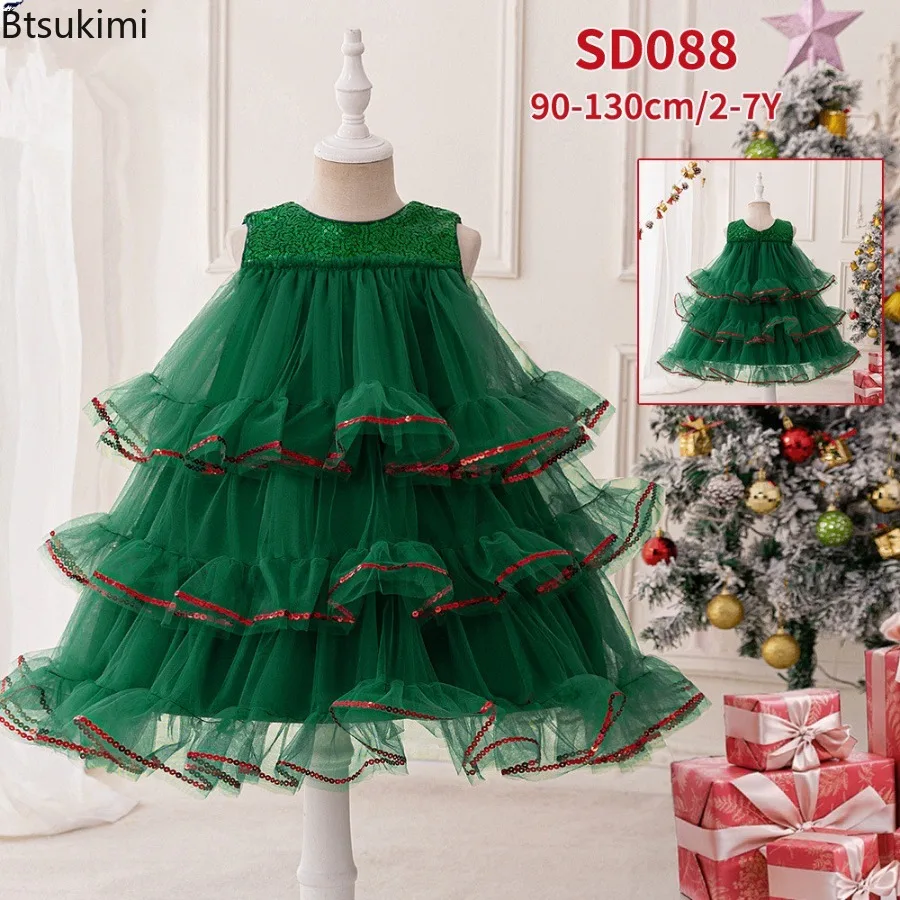 New Christmas Toddler Girls Glitter Green Tulle Dress Multi-Layer Ruffles Festive Xmas Tree Theme Little Princess Party Dresses
