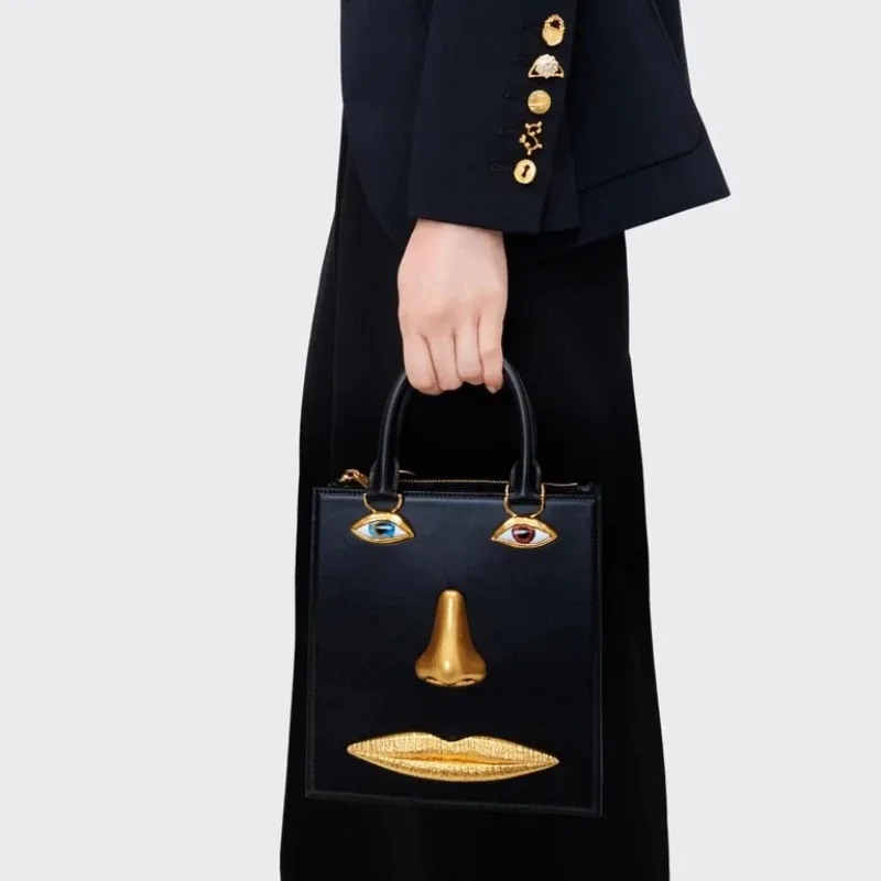 Face Bag Women High Quality Black Leather Luxury Brands Handbag Jewelry Eyes Gold-tone Metal Shoulder Strap Crossbody Bags