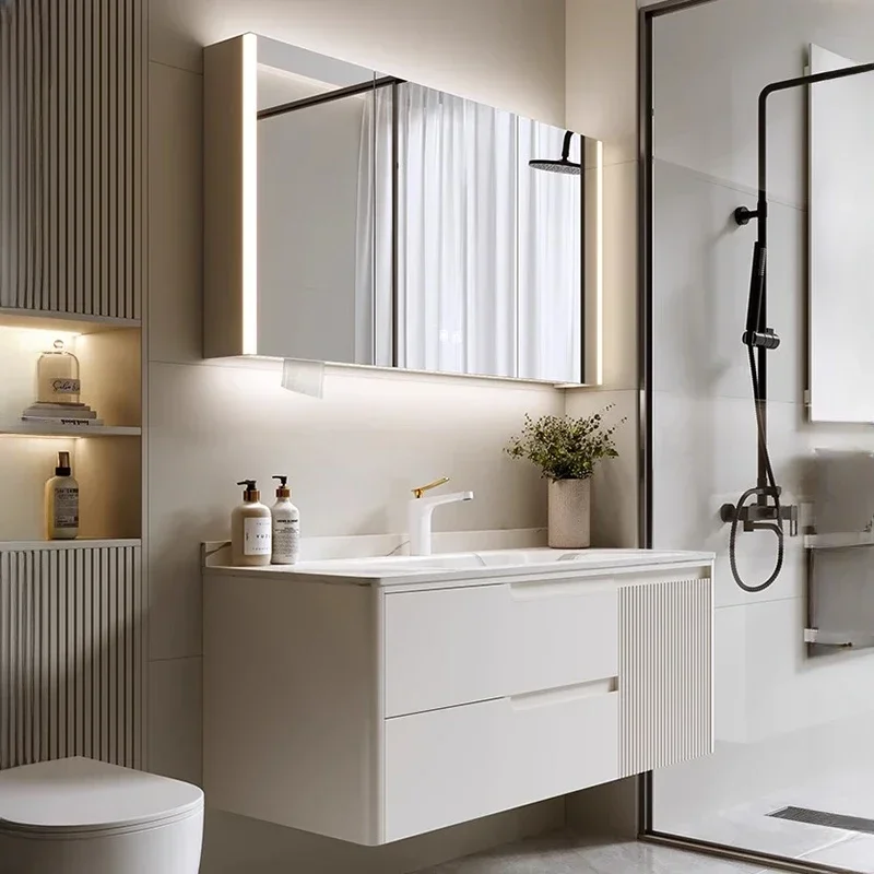 

Nordic Cream Style Smart Bathroom Cabinet Vanity with Sink Shelves Storage Mirror Cabinets Simple Furniture Arredo Bagno FYBC