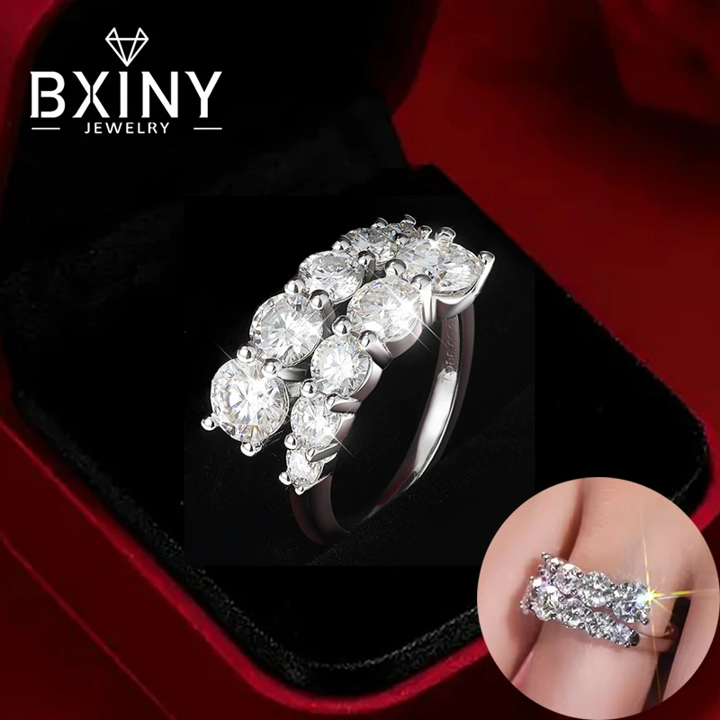 

BXINY Double Row Moissanite Rings S925 Silver Plate 18K Gold 3.26 Carat D Color Diamond For Women Wedding Band Gifts Jewelry GRA