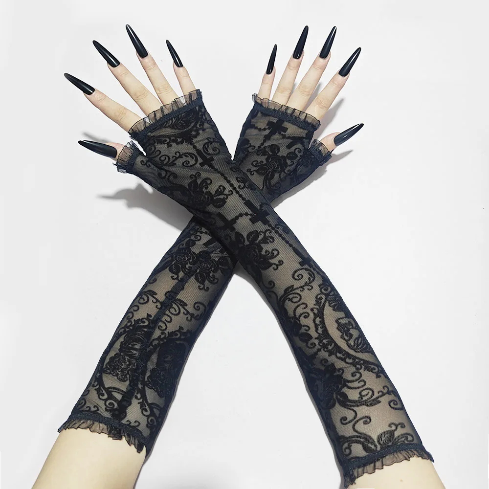 Halloween feminino preto sexy esqueleto cruz flores rendas luvas longas elasticidade malha transparente lolita punk cosplay luvas curtas