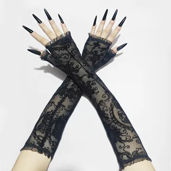 Halloween Women Black Sexy Skeleton Cross Flowers Lace Long Gloves Elasticity Transparent Mesh Lolita Punk Cosplay Short Gloves