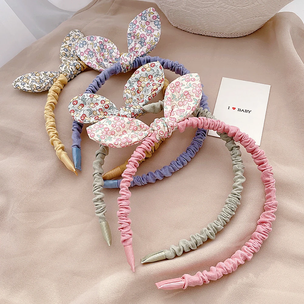 Retro สาวกระต่ายหูผ้าอุปกรณ์เสริมผมดอกไม้พิมพ์ Hairband Bowknot ผม Hoops