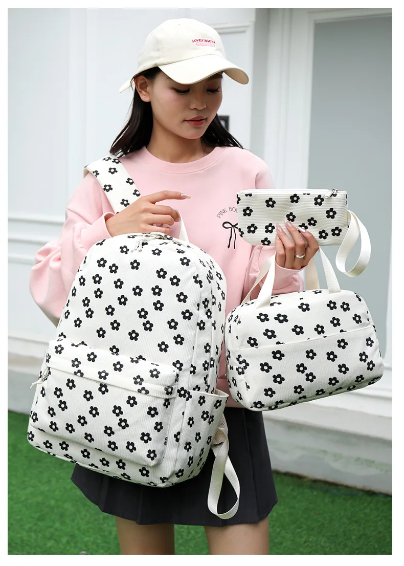 3/set Corduroy Backpacks Strawberry Multi-function Schoolbag Casual Travel Large Capacity Daily Lightweight Students School Bag