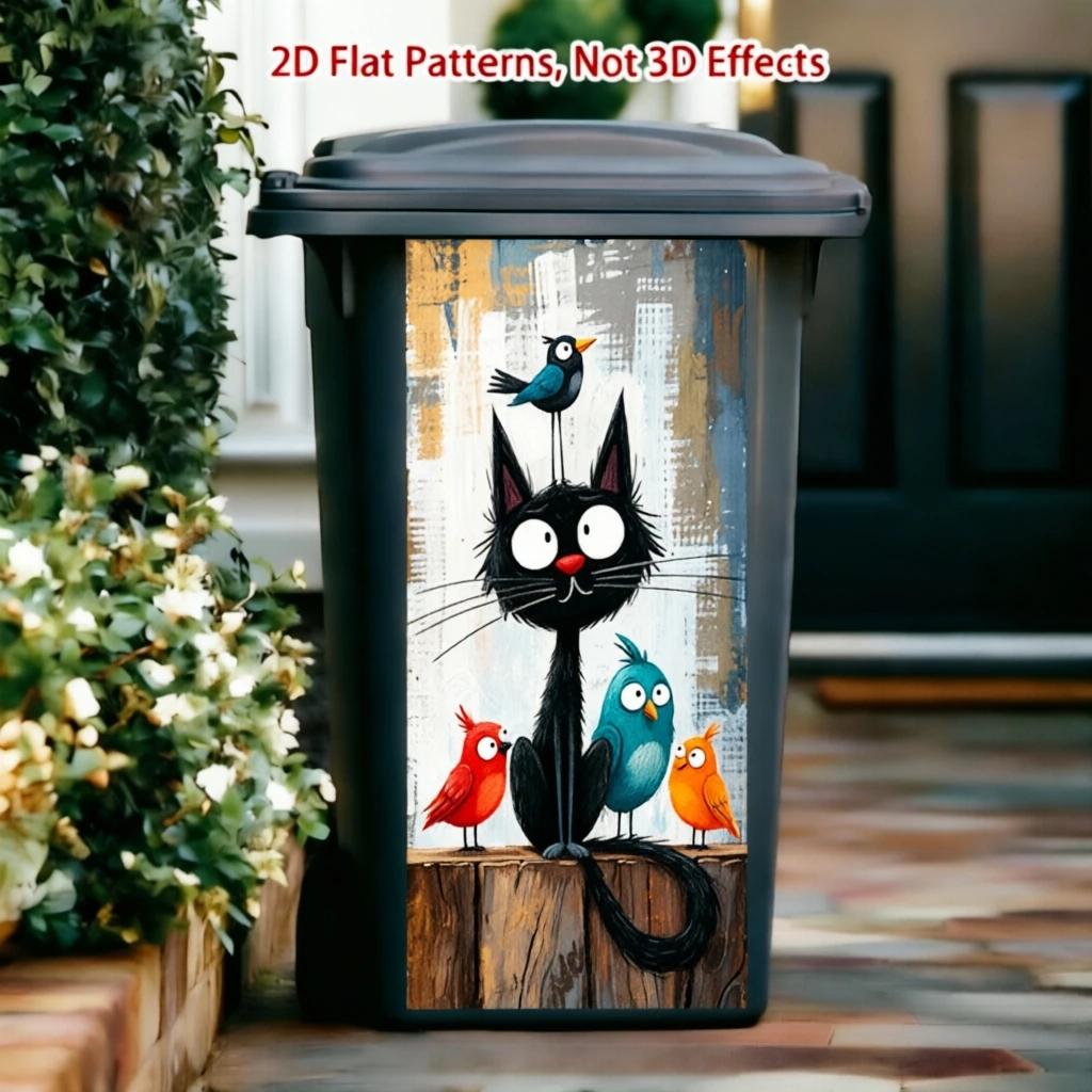 Art‑Style Black Cat & Bird Trash‑Can Sticker Size 31x70cm Playful Cartoon Black Cat With Colorful Birds Graffiti Texture