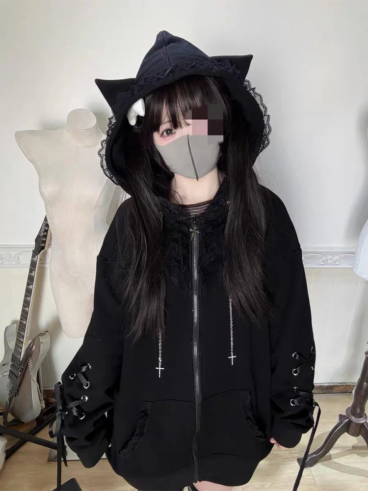 2026 Gothic Subkultur Schwarzer Spitzen-Hoodie für Damen – Herbst-Ästhetik, Lieblicher Langarm-Kapuzenmantel, Lässiger Winter – Detail 3