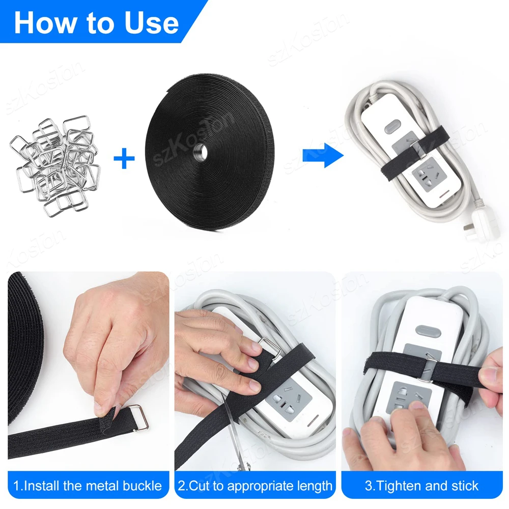 Adjustable 10/5m Cable Straps with 25/50 Buckles Free Cut Black Reusable Fastening Hook Loop Tie Securing Strip Cord Organizer