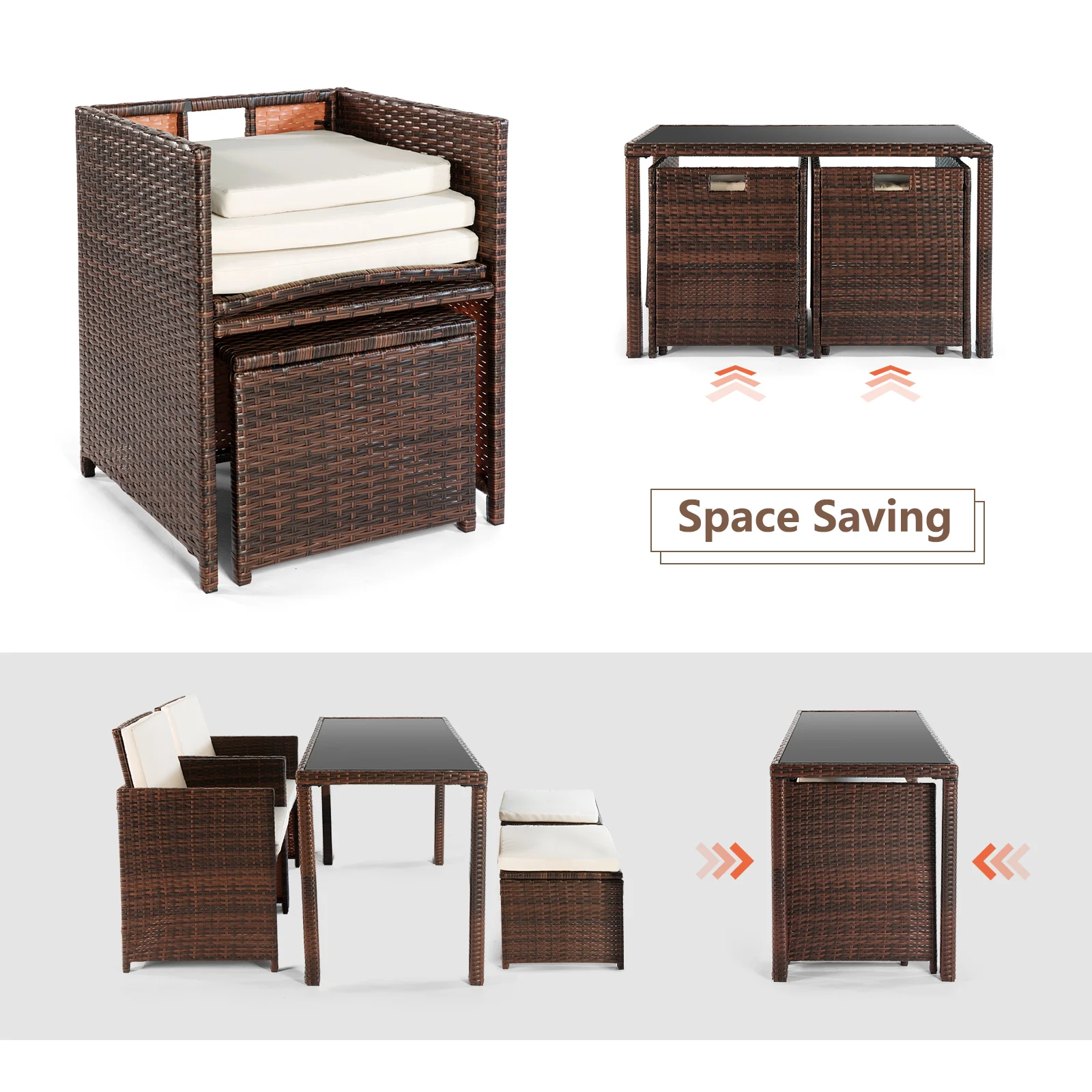 [Flash Sale]5-Piece Rattan Dining Table Set Include 1 Rectangle PE Wicker Table+2 Armchairs+2 Ottoman for Patio Poolside Garden