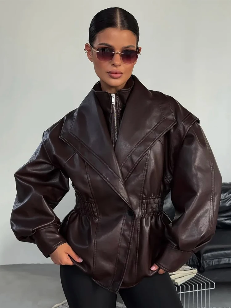 Solid Color Faux Leather Fake Two Piece Jacket Oversized Lapel Zip Front Waist Cinching Long Sleeve Chic Coat Fall Lady Wear New
