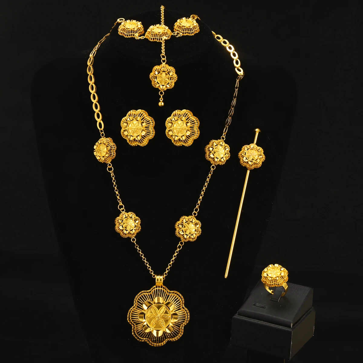 Golden Color Ethiopian Jewelry Set Gorgeous Flower Pendant Earrings Ring Head Chain Hairpin Set African Eritrean Wedding Gift