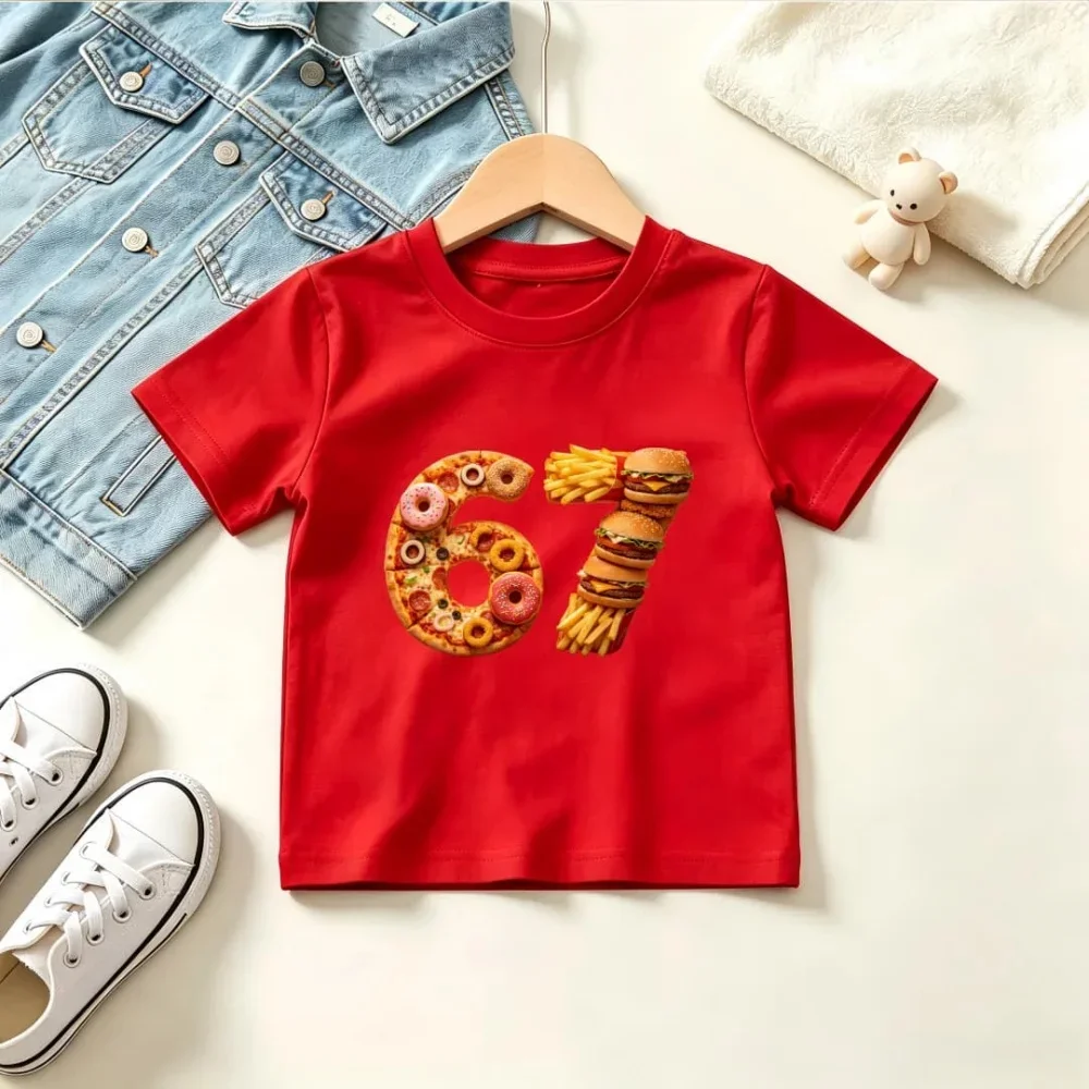 Kids Short Sleeve T Shirt Pizza Donut Number 6 Burger Fries Shaped Number 67 Graphic Print O-Neck Tee Food Theme Casual Top