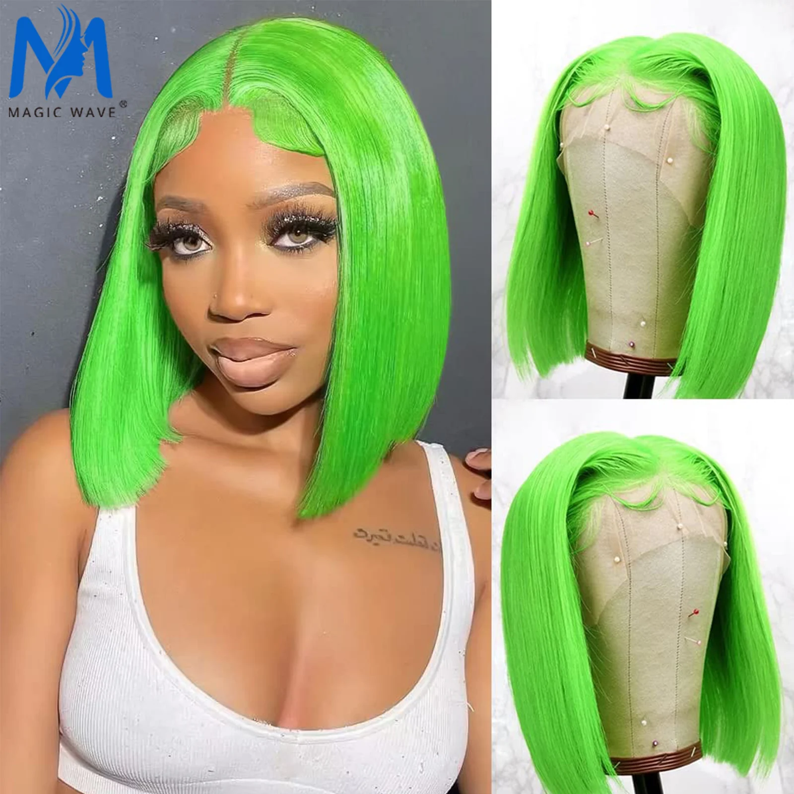 

Straight Bob Human Hair Wigs for Women 180% Density Light Green Colored Short Bob Straight Human Hair Wigs 13x4 Lace Frontal Wig