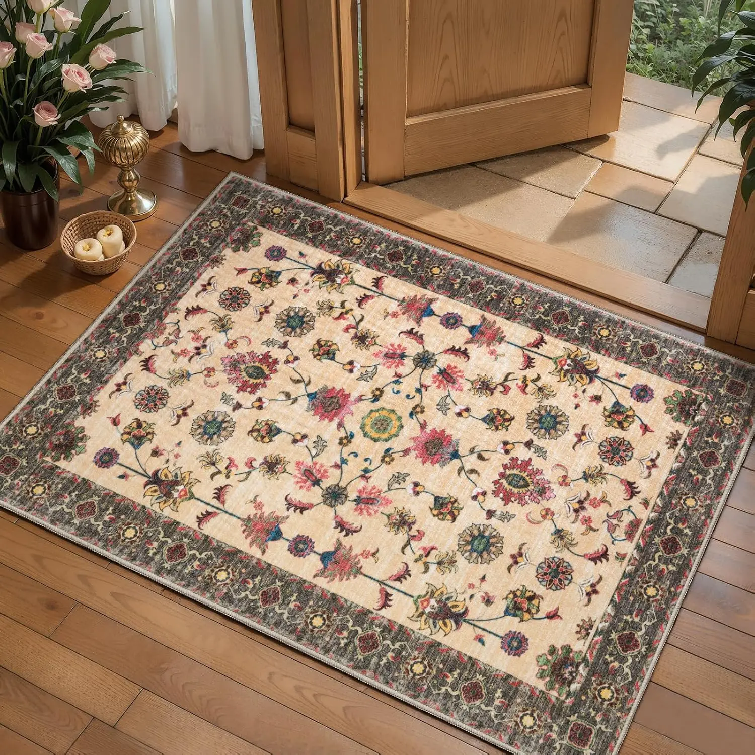 Soft Beige Multi Floral Boho Door Mat, Washable Non Slip Entryway Rug, Small Carpet for Entrance Bedroom Kitchen Foyer Decor