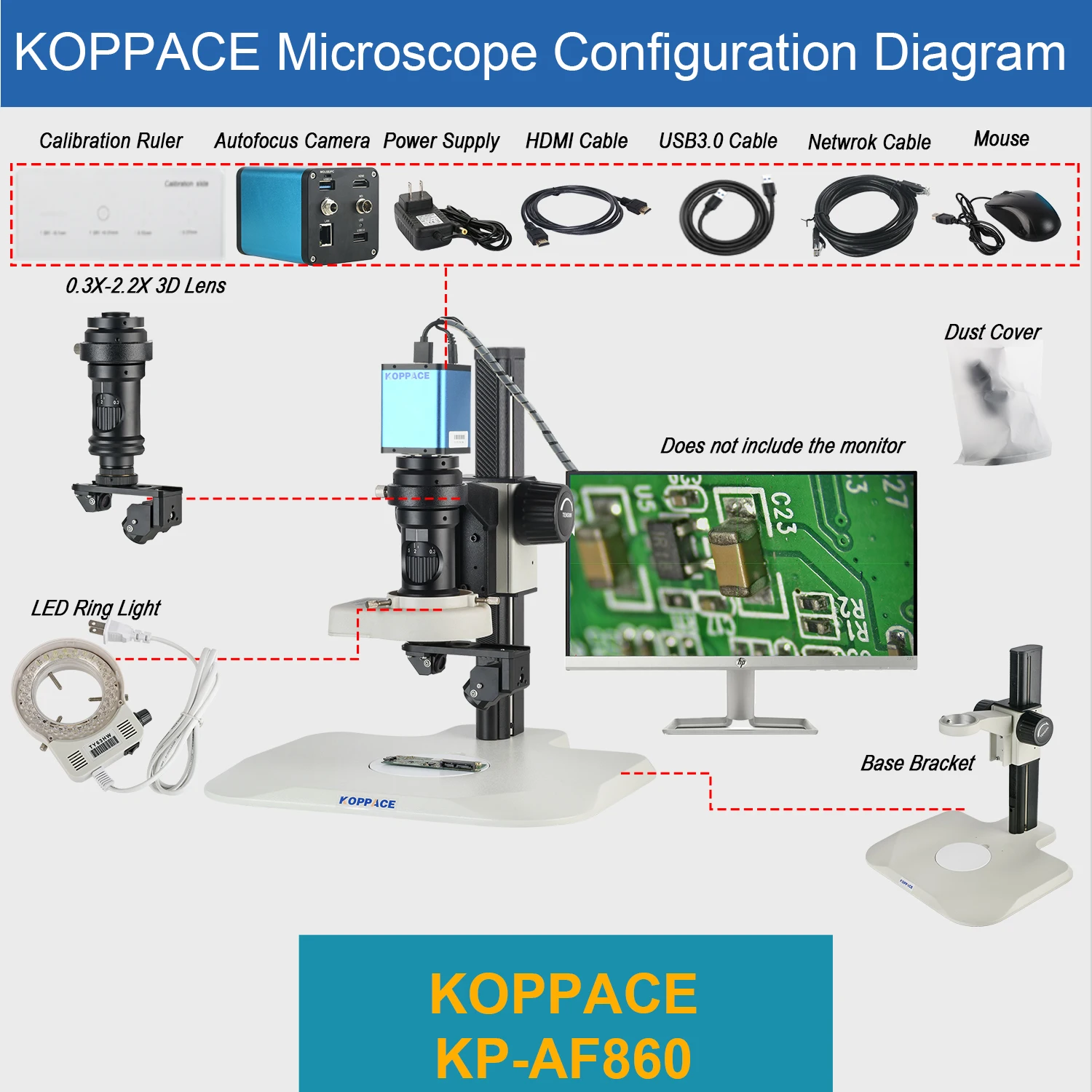 KOPPACE 25X-186X مجهر إلكتروني ثنائي الأبعاد/3D بتركيز تلقائي، كاميرا 2 ميجابكسل، صور ومقاطع فيديو يمكن التقاطها