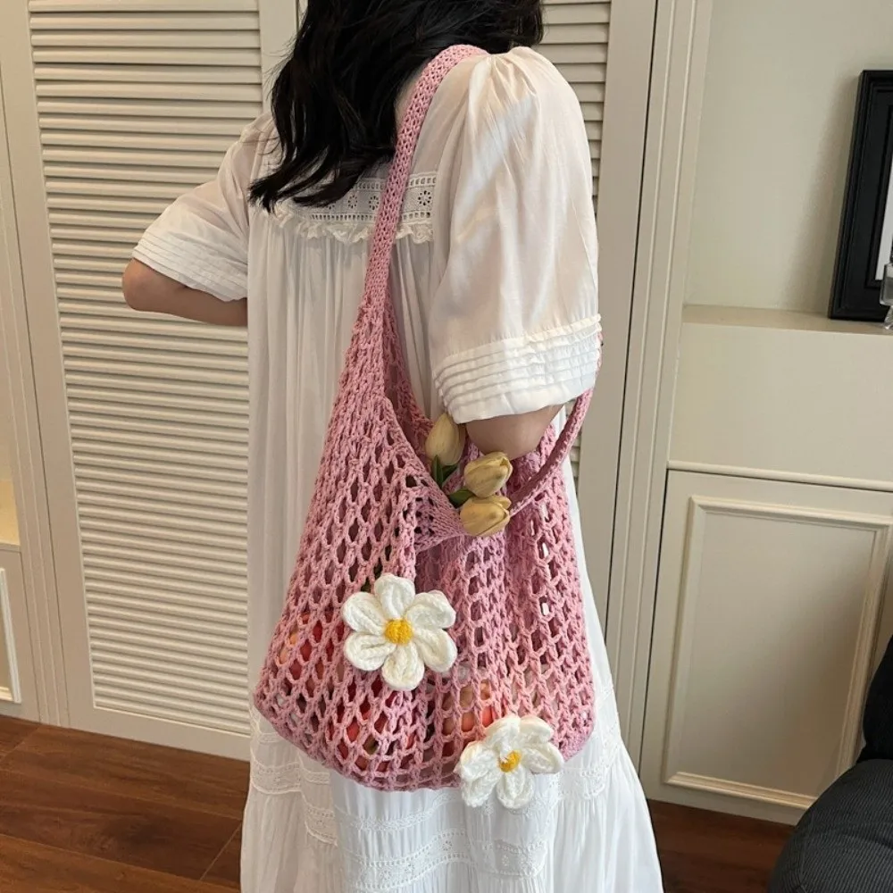 Sweet Flower Knitted Tote Bag Large Capacity Eco-Friendly Crochet Handbag Lightweight Woolen Hollow Shoulder Bag Shopping