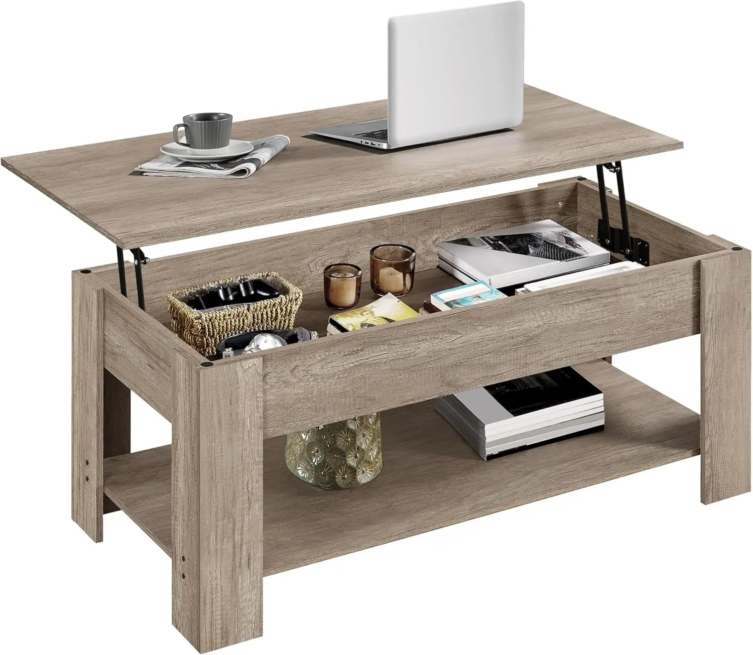 

Lift Top Coffee Table with Hidden Compartment and Storage Shelf, Rising Tabletop Dining Table for