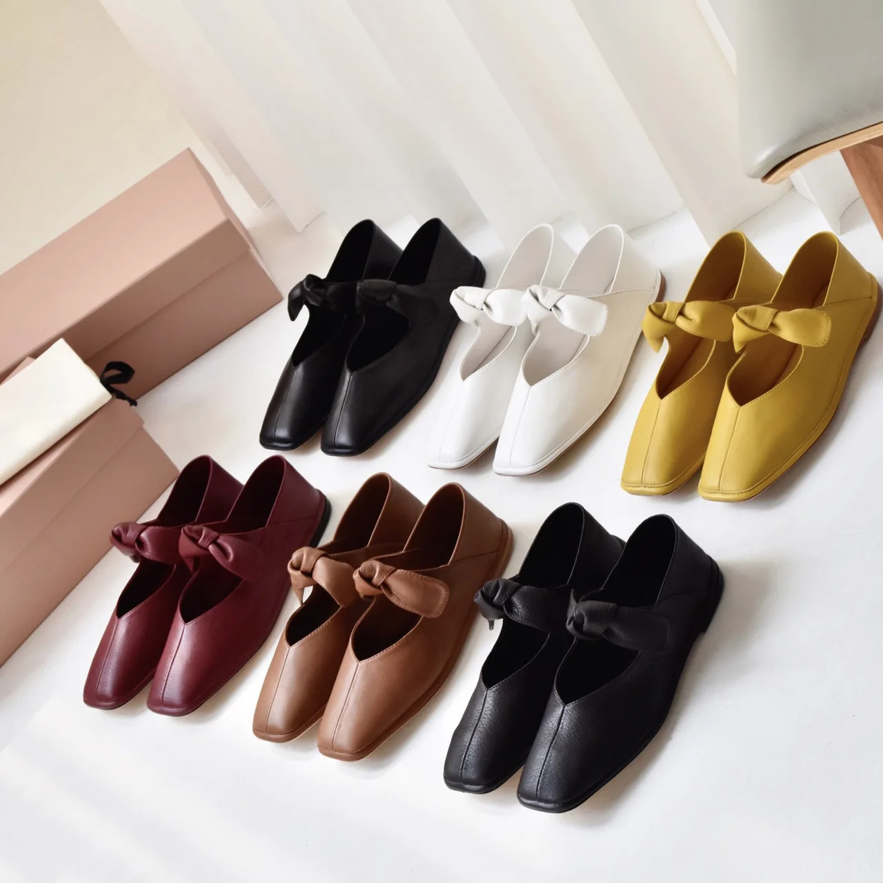 

Dave&di Minimalist Retro Mary Jane Shoes Women's Genuine Leather Bow Flat Shoes Square Toe Shallow Mouth Flat Shoes For Woman