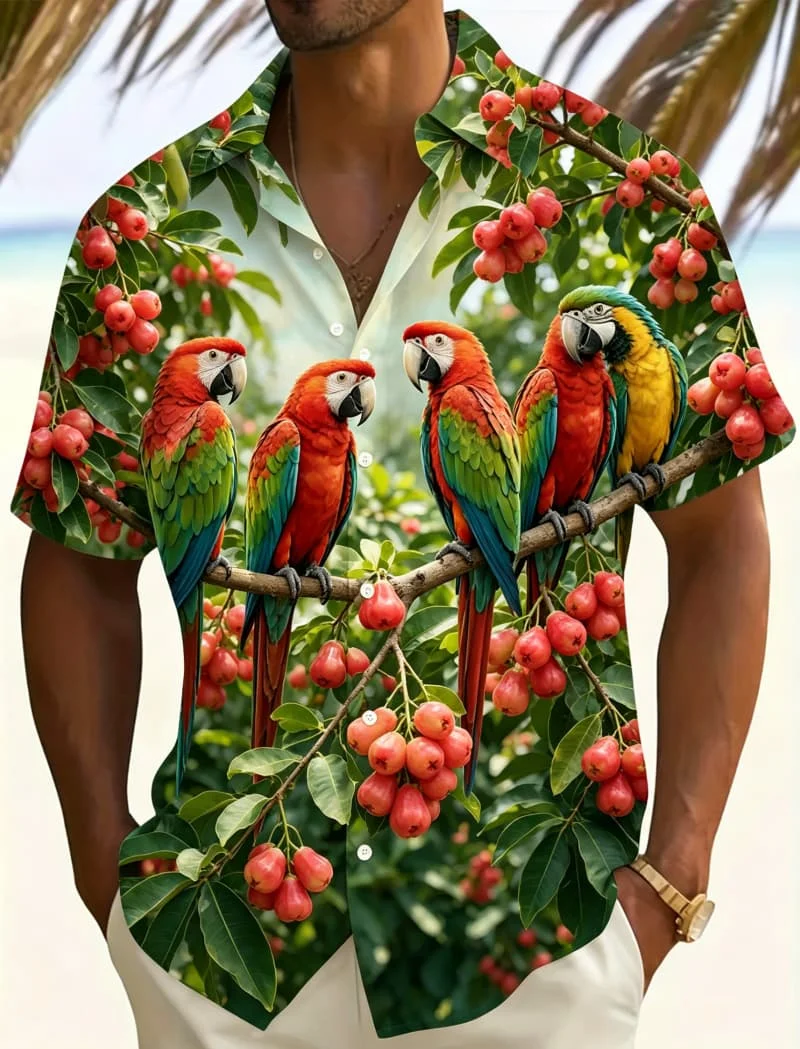 Men's Vibrant Parrot & Fruit Print  Shirt, Bold Tropical Design for Summer Fashion, Vacation Looks, Party Outfits & Street Style