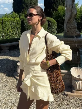 Bornladies 2026 Summer Women's Resort Lazy Style Shirt Dress Solid Color Tie Front Collared Bodycon Summer Dress 6