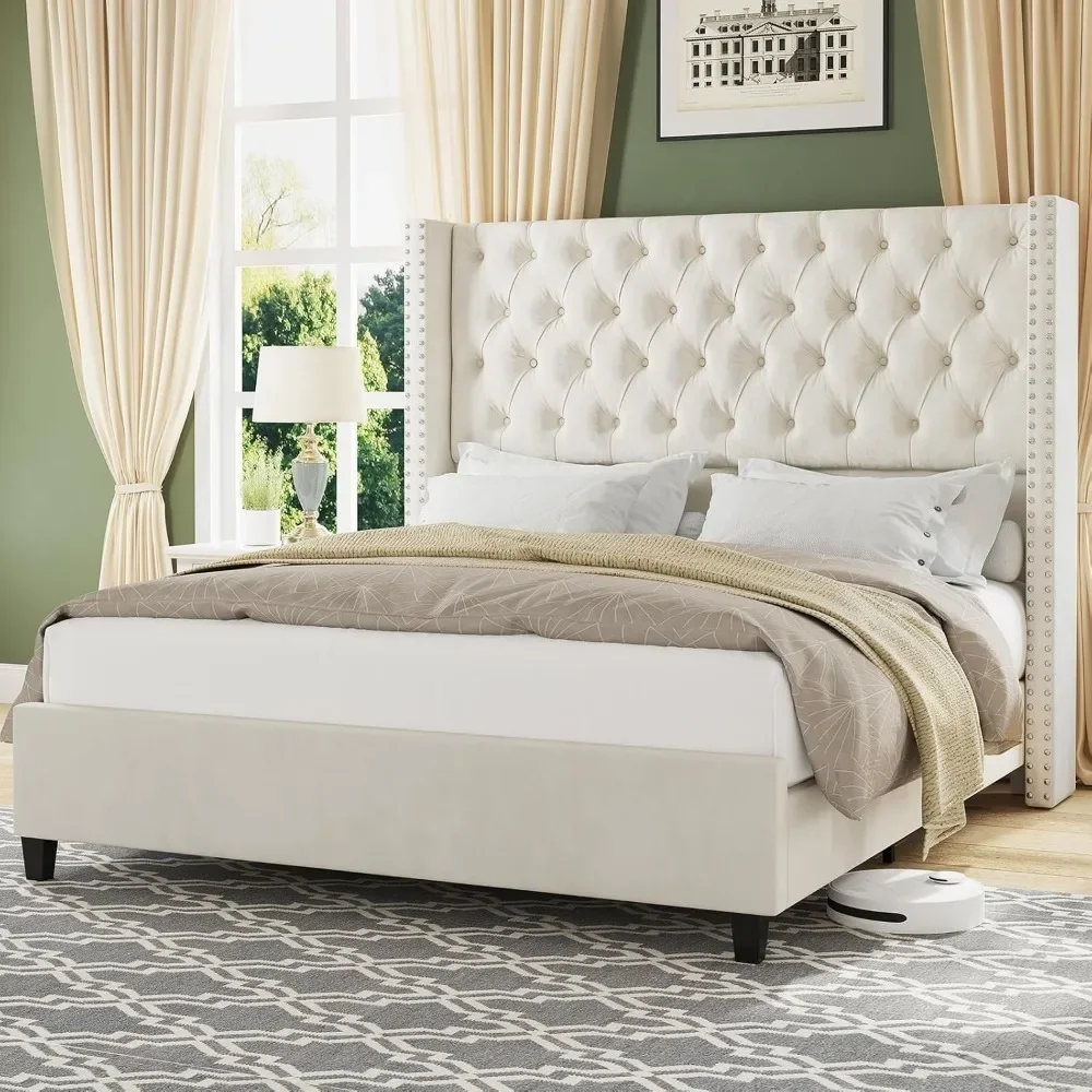 Queen Upholstered Bed Frame with Tall Headboard Wingback Platform Bed Tufted Deep Button Velvet/No Box Spring Needed