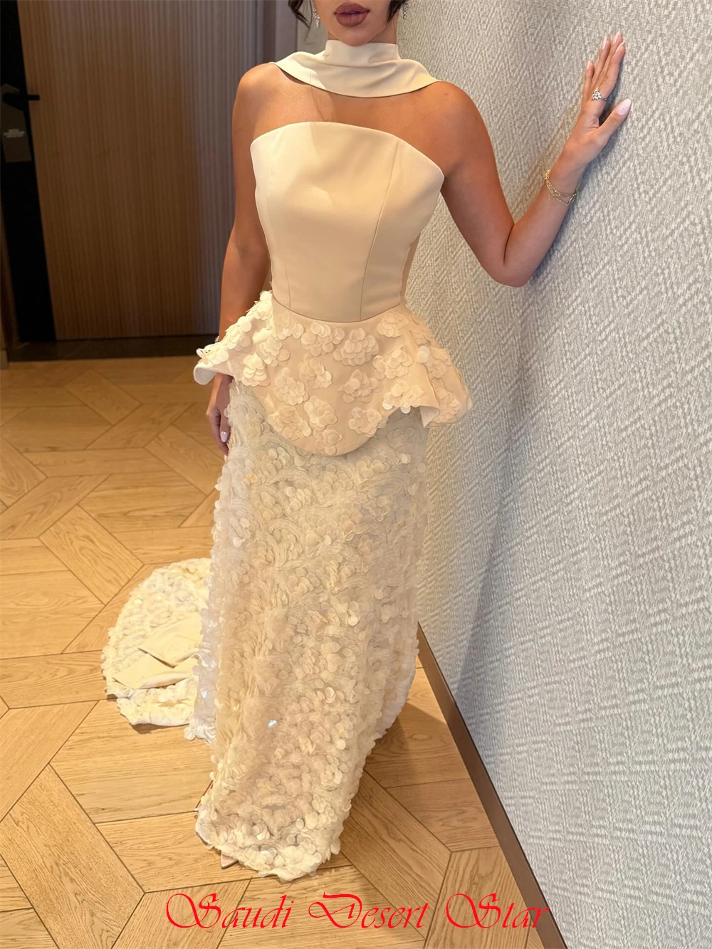 فستان سهرة جيرسي بسيط باللون البيج مخصص، فساتين رسمية بدون حمالات بدون أكمام للمشاهير، فساتين حفلات قطار المحكمة المستقيمة الناعمة #6