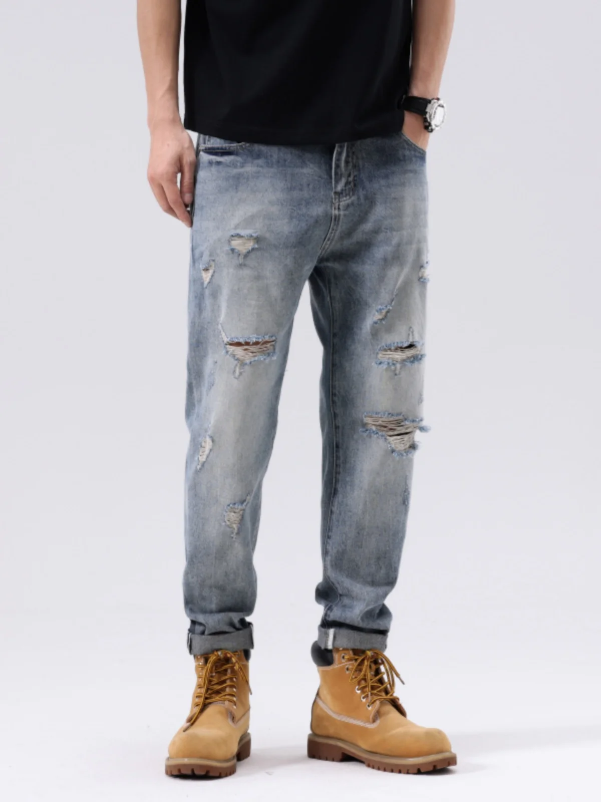 

Retro American Men's Jeans Casual Loose Straight Leg Hole Design Summer New Style Versatile Nine Points Long Pants