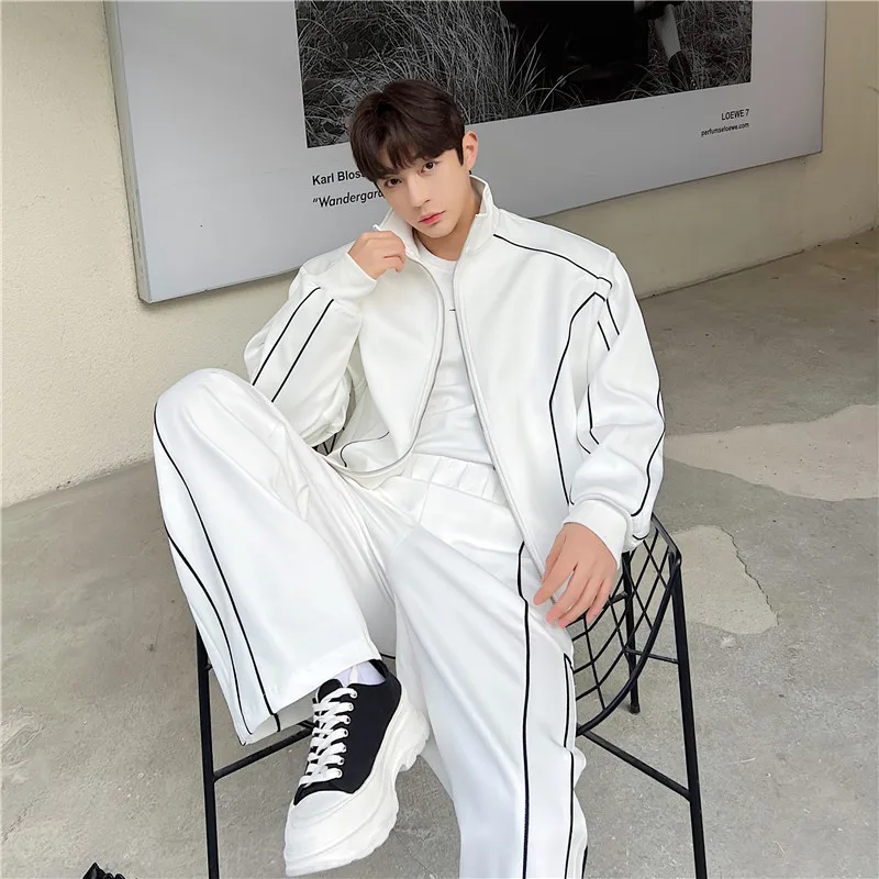 

Spring Faion Men's Casual Haome Set Wide Leg Pants Stand Collar Jaet Two Piece Suit Polyester Long Sve irt