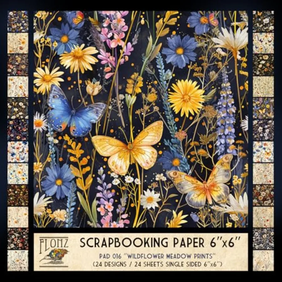 

Scrapbook Paper 24 sheets 6"x6" Wildflower Meadow Prints ~ A charming series of field flower compositions with butterflies in d